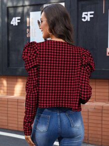 SHEIN Clasi 千鳥格羊腿袖開門襟夾克 - 紅白色 - 查看 2