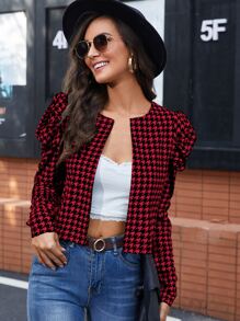 SHEIN Clasi 千鳥格羊腿袖開門襟夾克 - 紅白色 - 查看 3