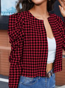 SHEIN Clasi 千鳥格羊腿袖開門襟夾克 - 紅白色 - 查看 4