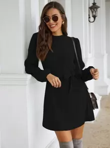 SHEIN Frenchy Bishop Sleeve Belted Tee Dress Winter Black Casual - Black - View 1