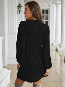 SHEIN Frenchy Bishop Sleeve Belted Tee Dress Winter Black Casual - Black - View 2