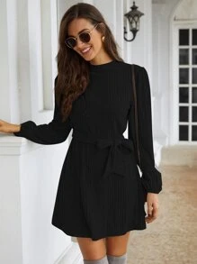 SHEIN Frenchy Bishop Sleeve Belted Tee Dress Winter Black Casual - Black - View 3