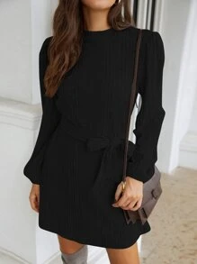 SHEIN Frenchy Bishop Sleeve Belted Tee Dress Winter Black Casual - Black - View 4