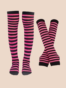 條紋印花手套和過膝襪 - 彩色 - 查看 1