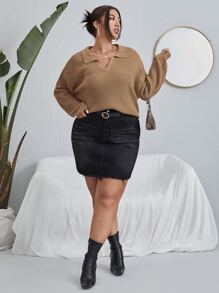 Calvaya Áo len Plus Size màu trơn Giải trí - Màu nâu  Mocha - Xem 3