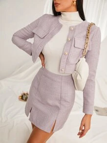 Chiquease Plaid Tweed Crop Jacket & Split Hem Skirt