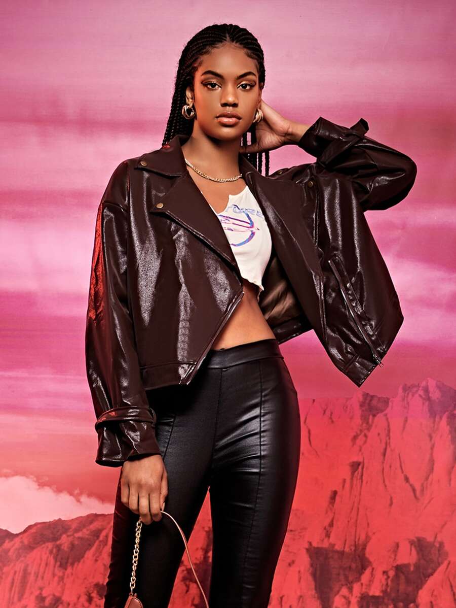 SHEIN BAE Áo khoác nữ Bất đối xứng Dây kéo màu trơn Giải trí - Cà phê nâu - Xem 1