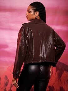 SHEIN BAE Áo khoác nữ Bất đối xứng Dây kéo màu trơn Giải trí - Cà phê nâu - Xem 2