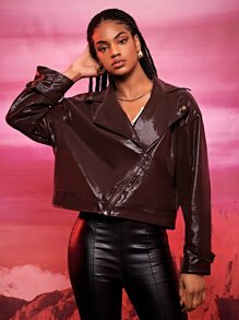 SHEIN BAE Áo khoác nữ Bất đối xứng Dây kéo màu trơn Giải trí - Cà phê nâu - Xem 3