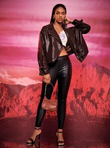 SHEIN BAE Áo khoác nữ Bất đối xứng Dây kéo màu trơn Giải trí - Cà phê nâu - Xem 4