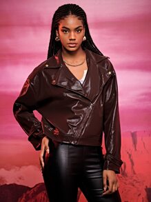 SHEIN BAE Áo khoác nữ Bất đối xứng Dây kéo màu trơn Giải trí - Cà phê nâu - Xem 5