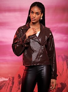 SHEIN BAE Áo khoác nữ Bất đối xứng Dây kéo màu trơn Giải trí - Cà phê nâu - Xem 6