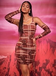 SHEIN BAE Plaid & Leopard Print Drawstring Side Mesh Bodycon Dress With Arm Sleeve - Multicolor - View 1