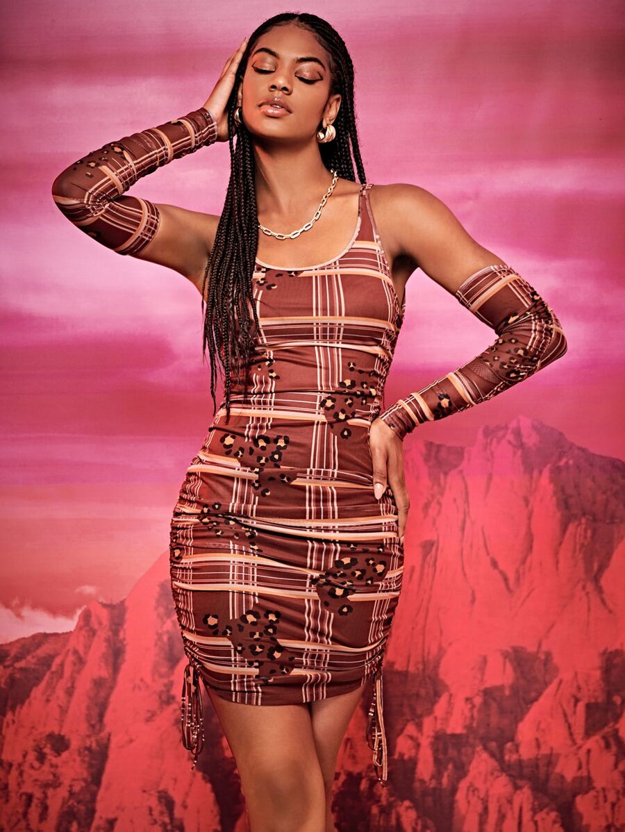 SHEIN BAE Plaid & Leopard Print Drawstring Side Mesh Bodycon Dress With Arm Sleeve - Multicolor - View 1