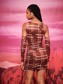 SHEIN BAE Plaid & Leopard Print Drawstring Side Mesh Bodycon Dress With Arm Sleeve - Multicolor - View 2