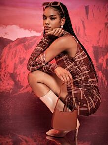 SHEIN BAE Plaid & Leopard Print Drawstring Side Mesh Bodycon Dress With Arm Sleeve - Multicolor - View 4