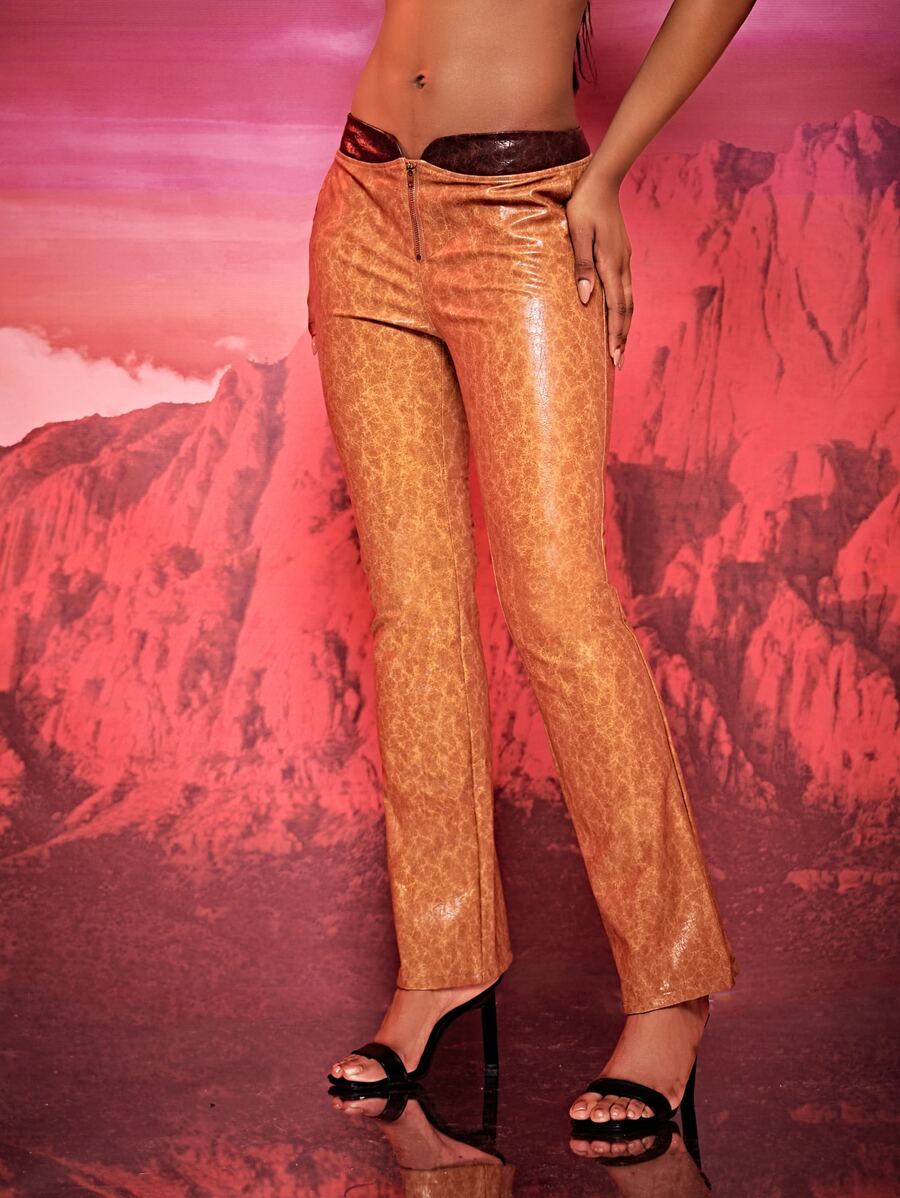 SHEIN BAE Quần nữ Dây kéo Đá hoa Hấp dẫn - màu nâu - Xem 1