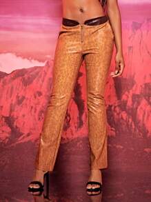 SHEIN BAE Quần nữ Dây kéo Đá hoa Hấp dẫn - màu nâu - Xem 5