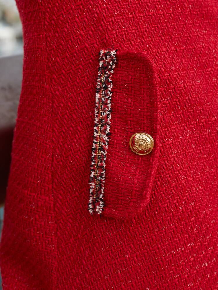 SHEIN Double Breasted Raw Trim Tweed Dress - Red - View 5