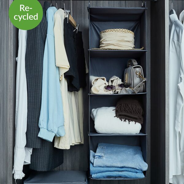 

BASIC LIVING Exclusive Recycled Eco-Friendly Hanging Closet Organizer 4 Shelves, Grey