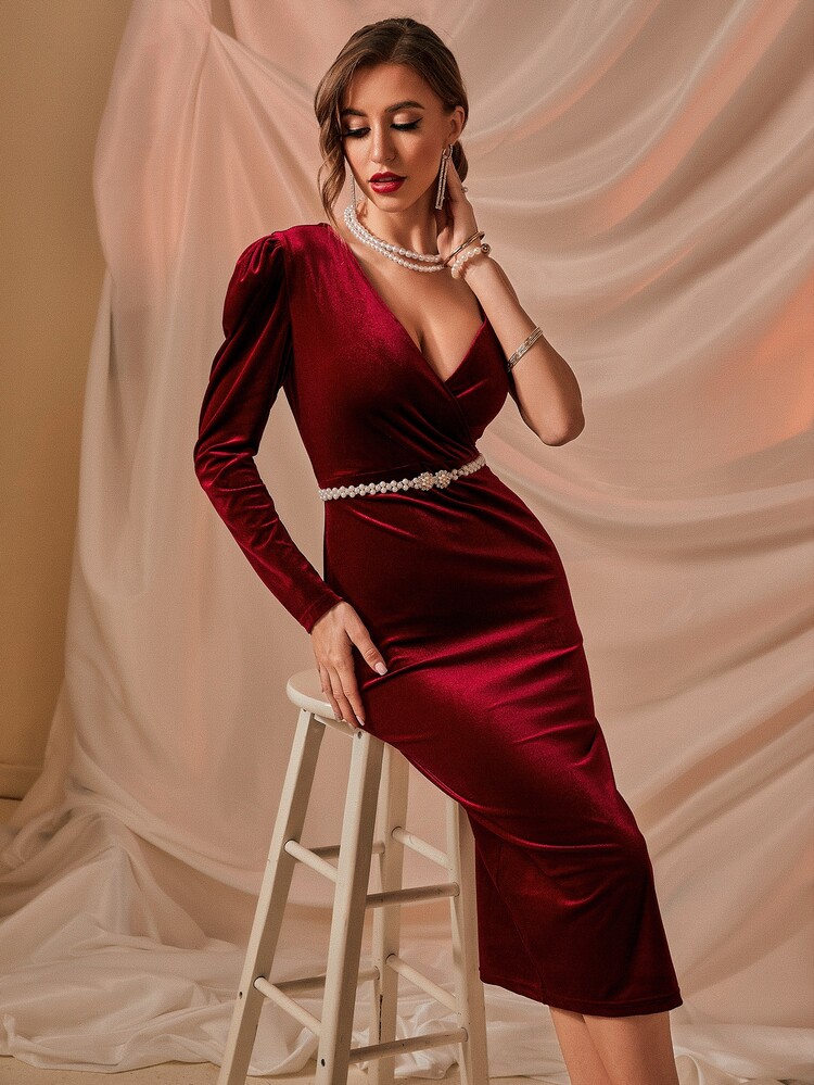 Wrap Asymmetrical Neck Velvet Bodycon Dress Without Belt - Burgundy - View 5