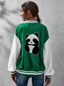 Cazadora de universidad panda con bordado con estampado de letra de hombros caídos - Verde - Ver 1