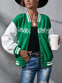 Cazadora de universidad panda con bordado con estampado de letra de hombros caídos - Verde - Ver 2