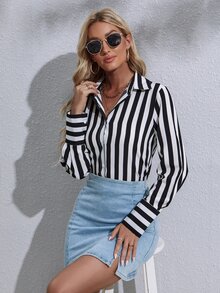 Camisa de rayas verticales con botón delantero - Blanco y Negro - Ver 4