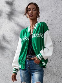 Cazadora de universidad panda con bordado con estampado de letra de hombros caídos - Verde - Ver 3