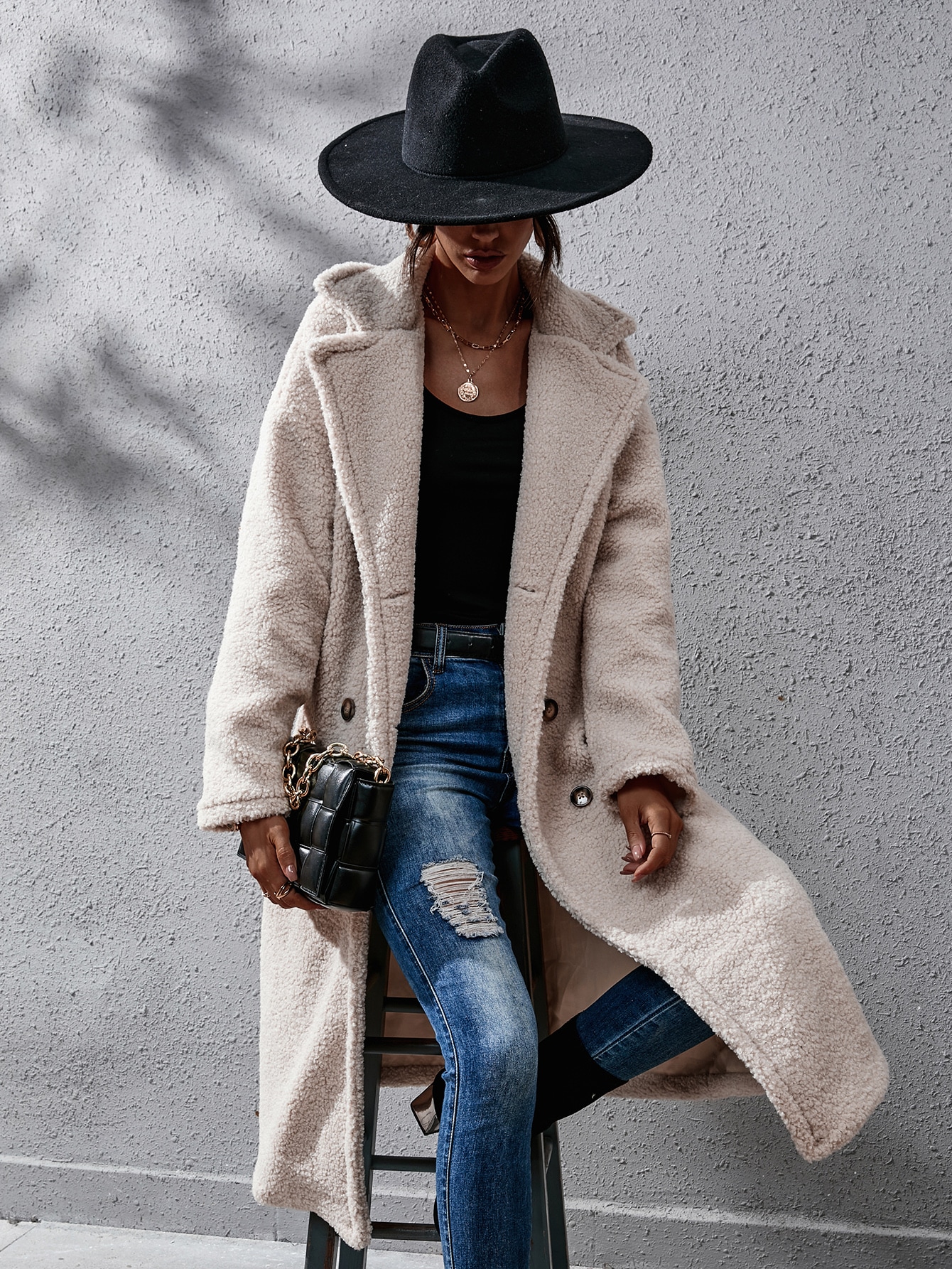 Double Breasted Drop Shoulder Longline Fleece Coat SHEIN USA