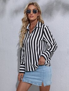 Camisa de rayas verticales con botón delantero - Blanco y Negro - Ver 6