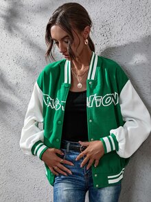 Cazadora de universidad panda con bordado con estampado de letra de hombros caídos - Verde - Ver 4