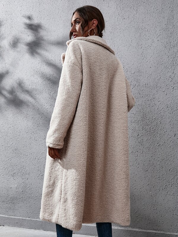 Double Breasted Drop Shoulder Longline Fleece Coat SHEIN USA