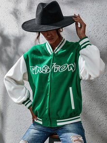 Cazadora de universidad panda con bordado con estampado de letra de hombros caídos - Verde - Ver 5