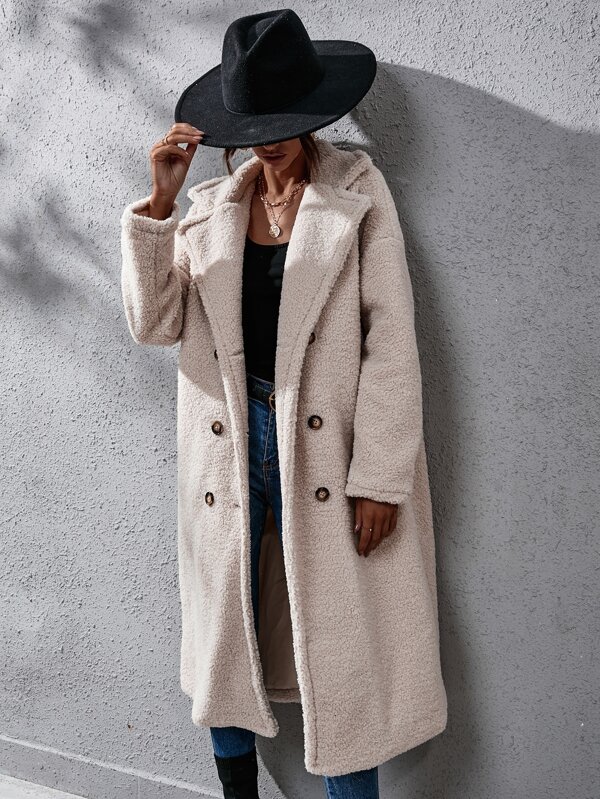 Double Breasted Drop Shoulder Longline Fleece Coat SHEIN USA