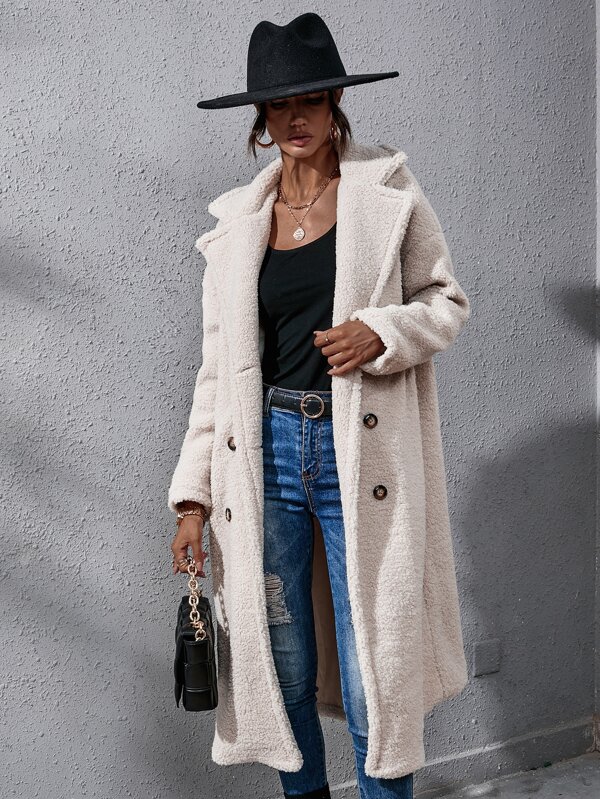 Double Breasted Drop Shoulder Longline Fleece Coat SHEIN USA