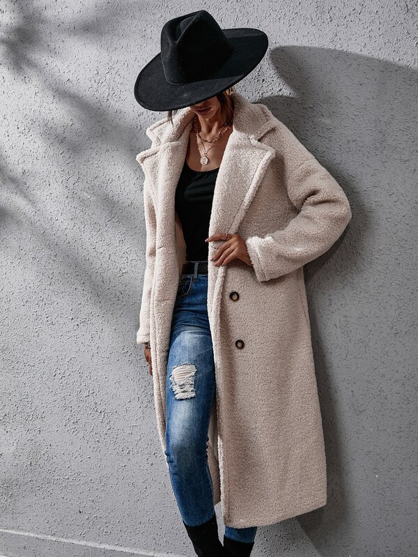Double Breasted Drop Shoulder Longline Fleece Coat SHEIN USA