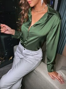 SHEIN Privé Camisa de satén con botón - Verde militar - Ver 1