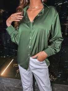 SHEIN Privé Camisa de satén con botón - Verde militar - Ver 5