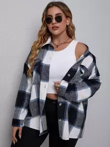 SHEIN LUNE 大碼格紋翻蓋口袋落肩袖花呢外套 - 彩色 - 查看 1