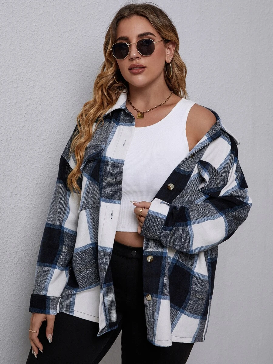 SHEIN LUNE 大碼格紋翻蓋口袋落肩袖花呢外套 - 彩色 - 查看 1