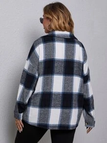 SHEIN LUNE 大碼格紋翻蓋口袋落肩袖花呢外套 - 彩色 - 查看 2