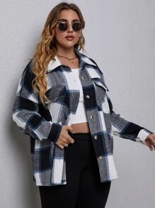 SHEIN LUNE 大碼格紋翻蓋口袋落肩袖花呢外套 - 彩色 - 查看 3