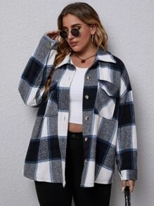 SHEIN LUNE 大碼格紋翻蓋口袋落肩袖花呢外套 - 彩色 - 查看 4