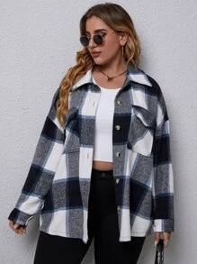 SHEIN LUNE 大碼格紋翻蓋口袋落肩袖花呢外套 - 彩色 - 查看 5