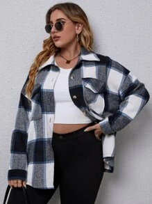 SHEIN LUNE 大碼格紋翻蓋口袋落肩袖花呢外套 - 彩色 - 查看 6