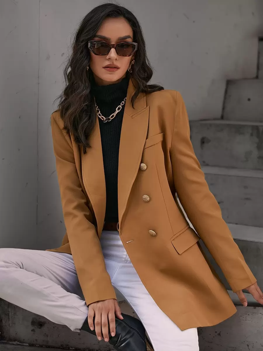 GENKIRA Solid Double Breasted Flap Detail Blazer Workwear Fall Cloth For Women - Khaki - View 1