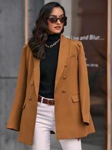 GENKIRA 纯色双排扣翻盖细节西装工作服 - 卡其色 - 查看 3