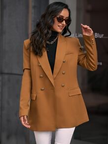 GENKIRA 纯色双排扣翻盖细节西装工作服 - 卡其色 - 查看 4