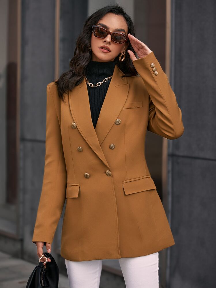 GENKIRA 纯色双排扣翻盖细节西装工作服 - 卡其色 - 查看 5